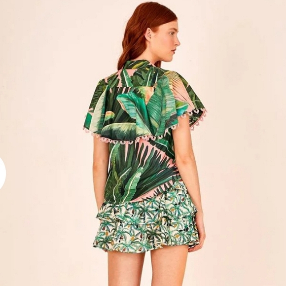 NWT$150 Farm Rio Amazonia Forest Cotton Frilled Shirt Top Sz XS - Picture 5 of 15